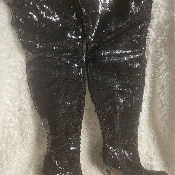 Yoki thigh high Black Sequins heels Boots side zipper SZ8 - Picture 3 of 11